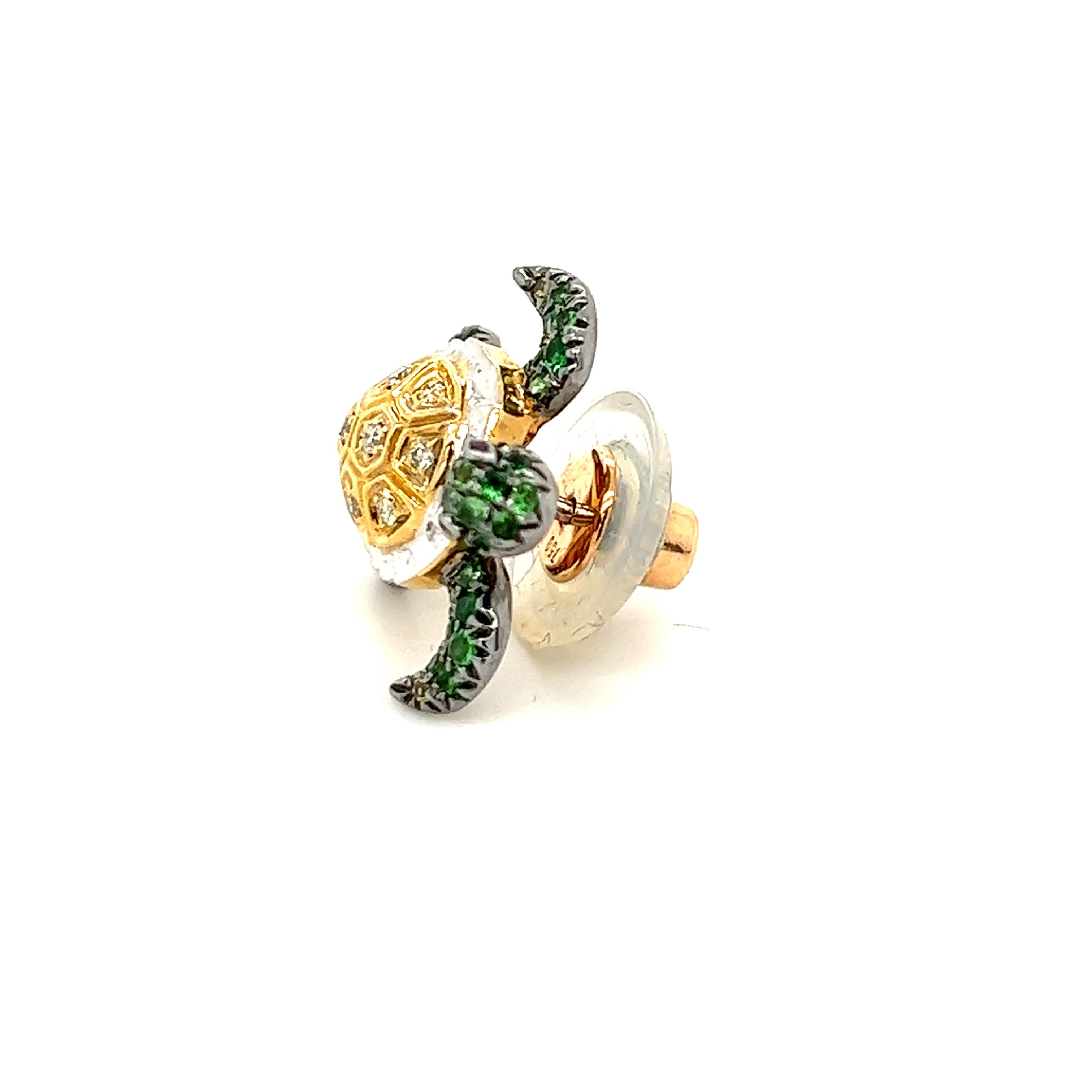 Modern 18K Turtle Mixed Colored Diamond and Green Garnet Brooch For Sale