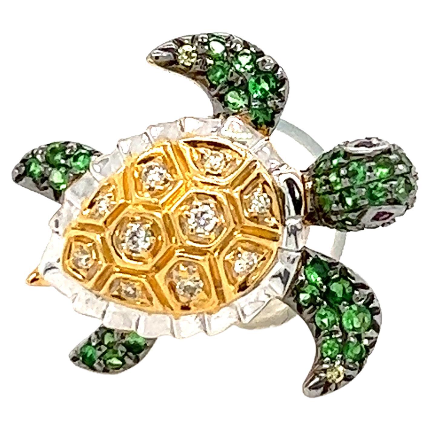 18K Turtle Mixed Colored Diamond and Green Garnet Brooch For Sale