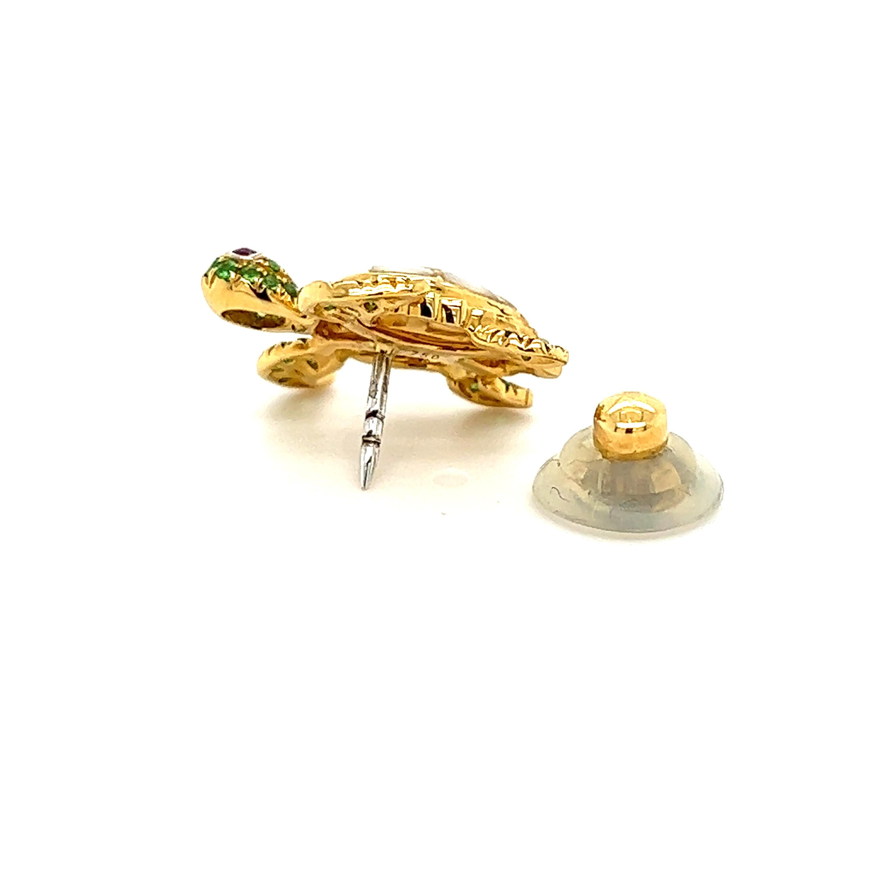 Women's or Men's 18K Turtle Mother of Pearl and Green Garnet Brooch For Sale