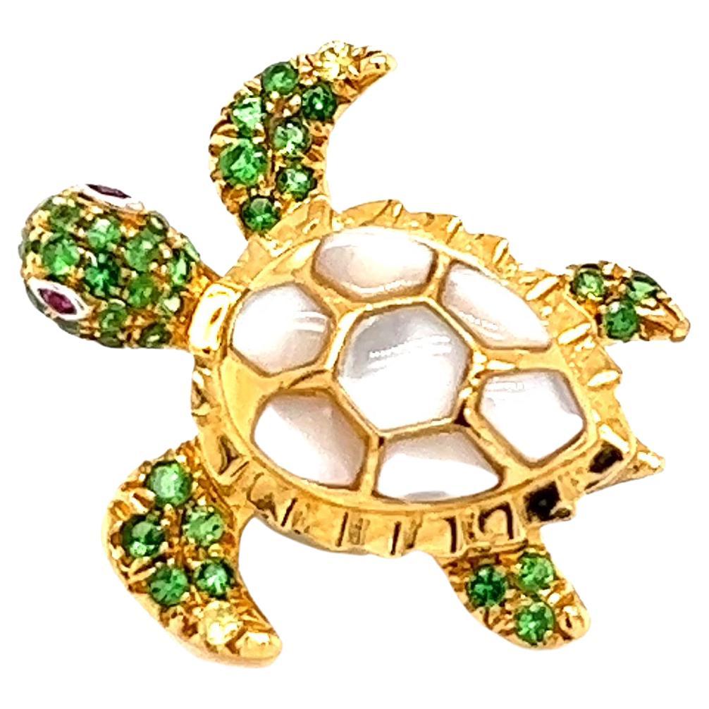 18K Turtle Mother of Pearl and Green Garnet Brooch For Sale