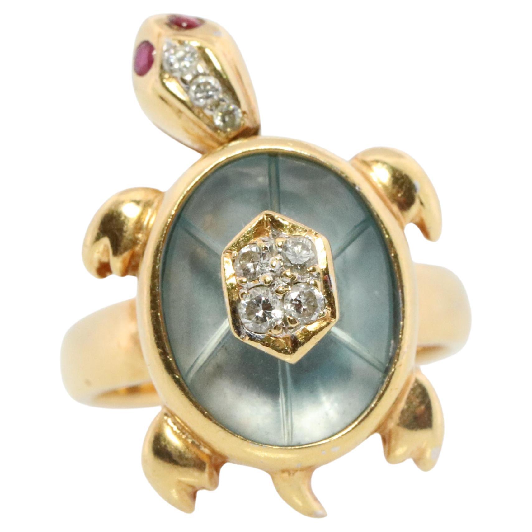 18k TURTLE ring. DIAMOND Topaz encrusted Turtle 3D Animated Seaturtle ring.