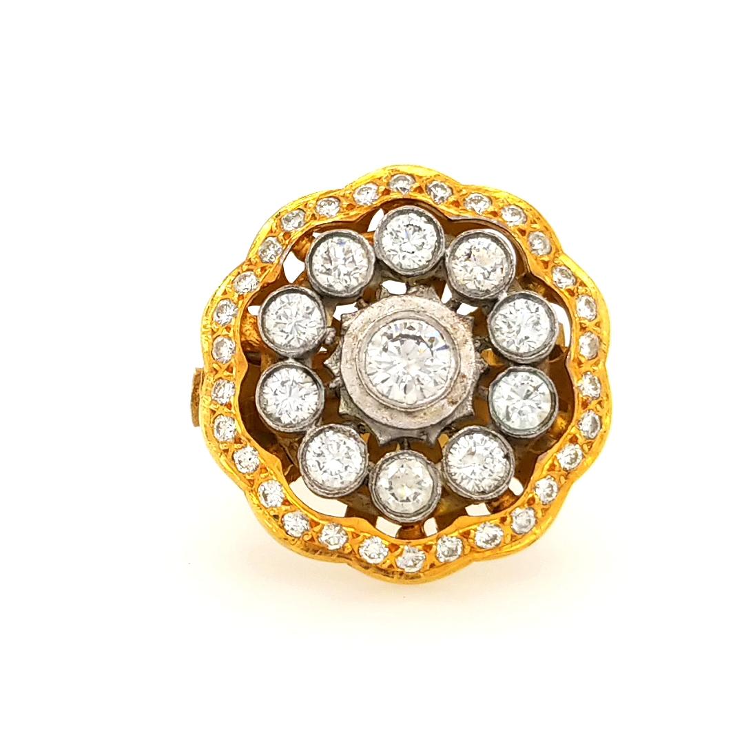 Unique Tuscan style Vintage Diamond Flower shape Ring in 18K Two-Tone Gold.  (47) Round Brilliant Diamonds weighing 3.95 carat total weight, G-H in color and VS-SI in clarity are expertly set in this unique ring.  The ring measures 1 inch in