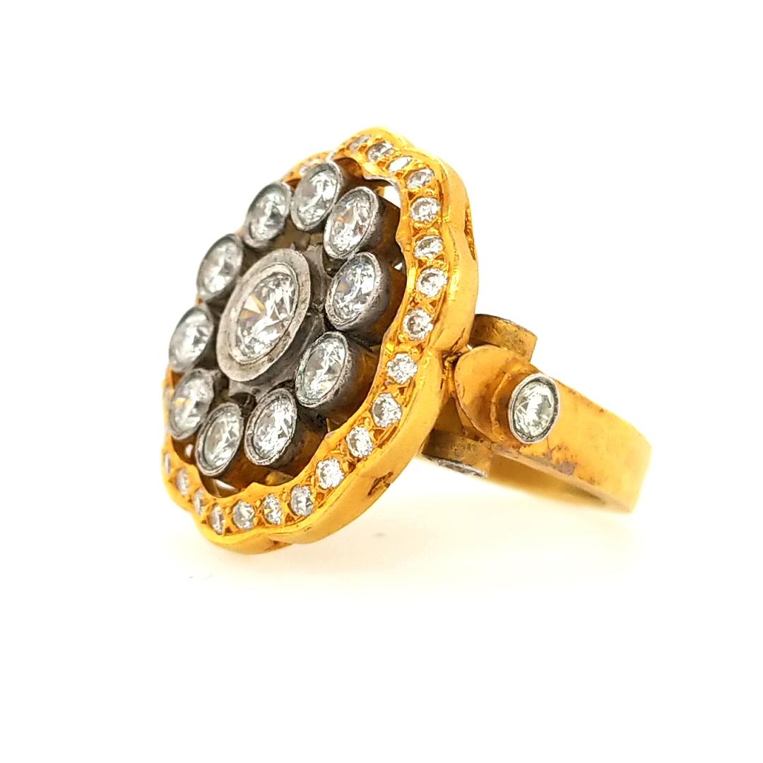 Round Cut 18 Karat Tuscan Style Vintage Diamond Flower Shape Ring Two-Tone Gold