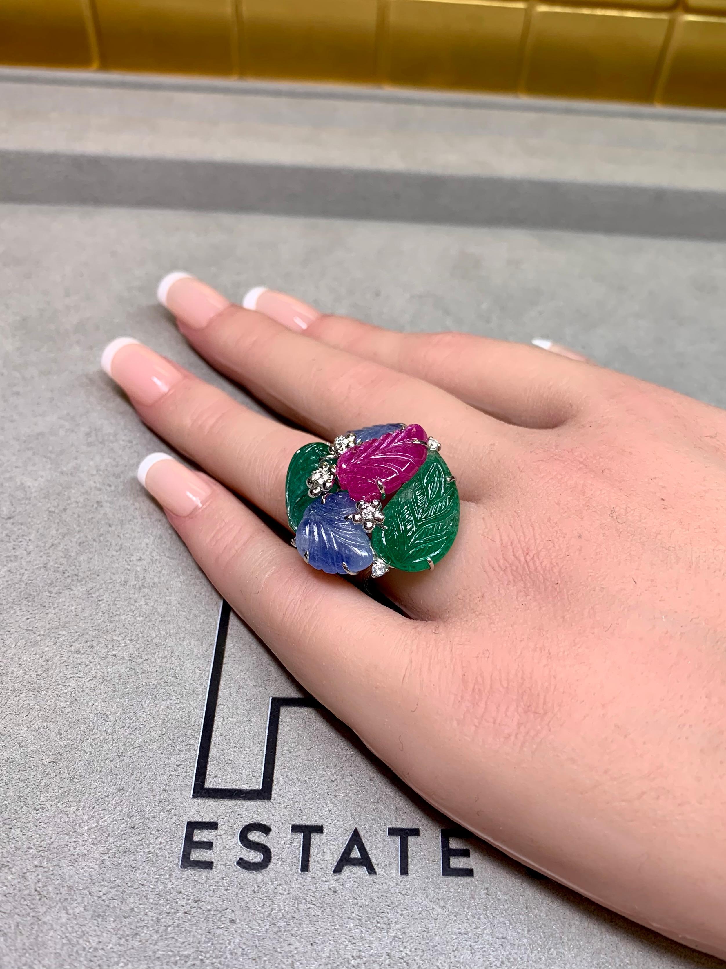 18K Tutti Frutti geschnitzt Rubin Saphir Smaragd Diamant Blatt Cocktail Ring 23ctw im Angebot 5