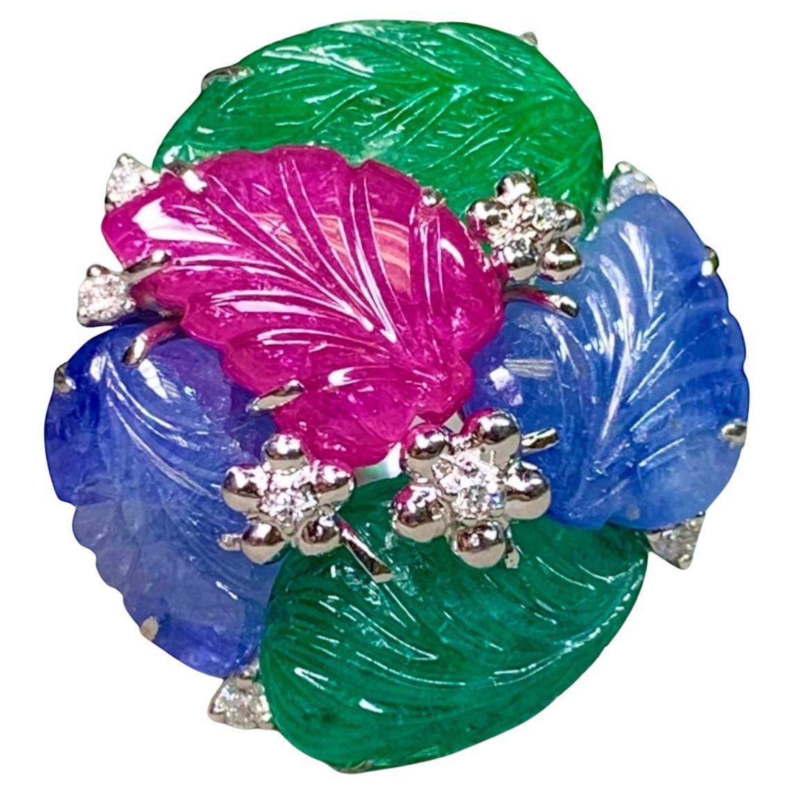 18K Tutti Frutti geschnitzt Rubin Saphir Smaragd Diamant Blatt Cocktail Ring 23ctw