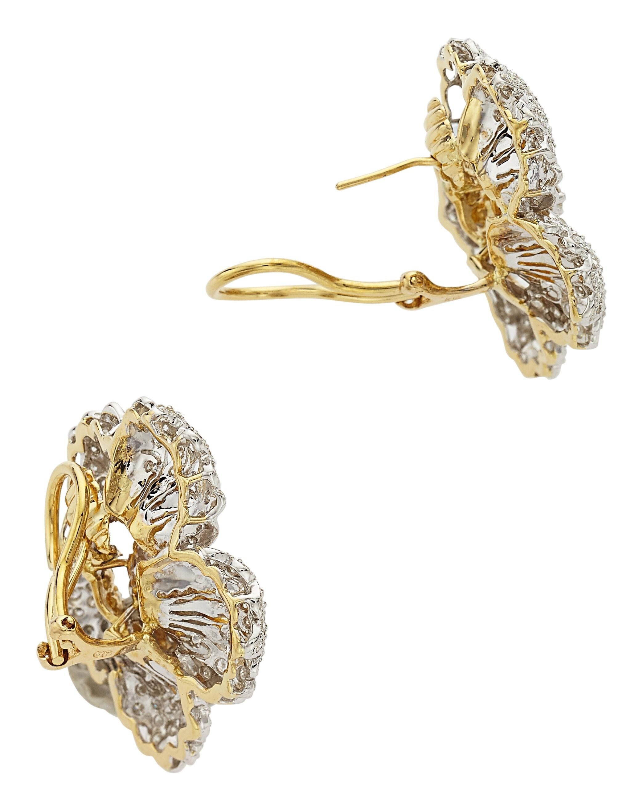 Round Cut 18k Two Gold Gold 3.24 Ct. Diamond Floral Ear Clips Gorgeous! For Sale