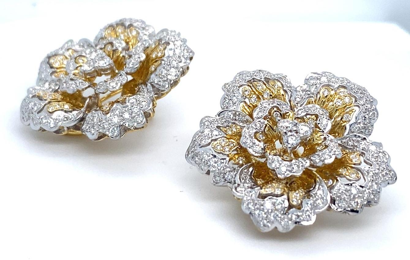 18k Two Gold Gold 3.24 Ct. Diamond Floral Ear Clips Gorgeous! In Good Condition For Sale In Sherman Oaks, CA