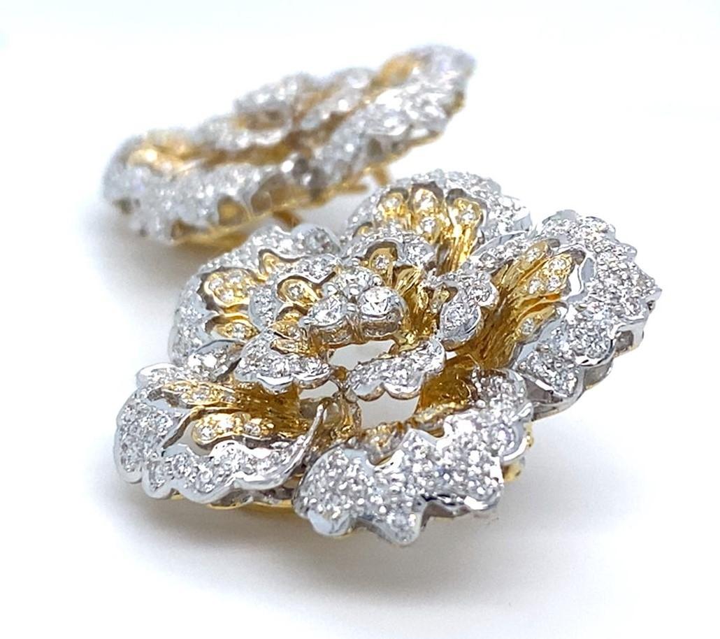 Women's or Men's 18k Two Gold Gold 3.24 Ct. Diamond Floral Ear Clips Gorgeous! For Sale