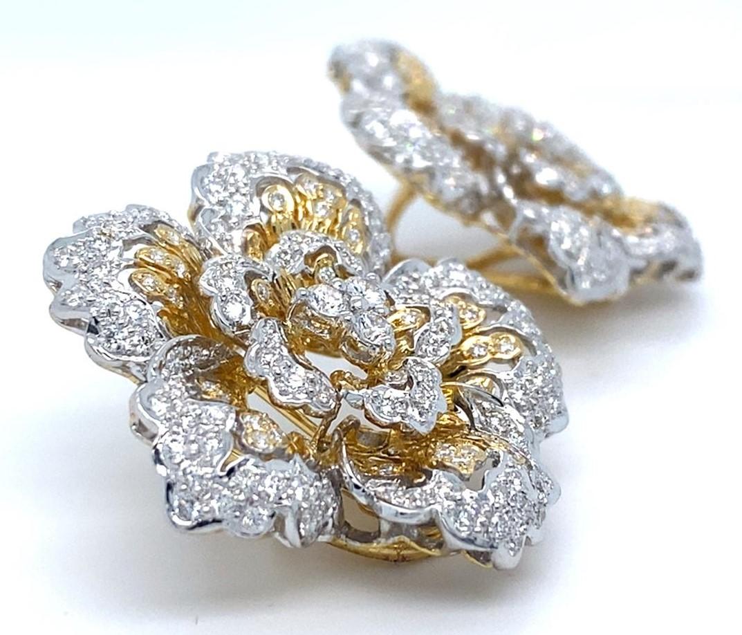 18k Two Gold Gold 3.24 Ct. Diamond Floral Ear Clips Gorgeous! For Sale 2
