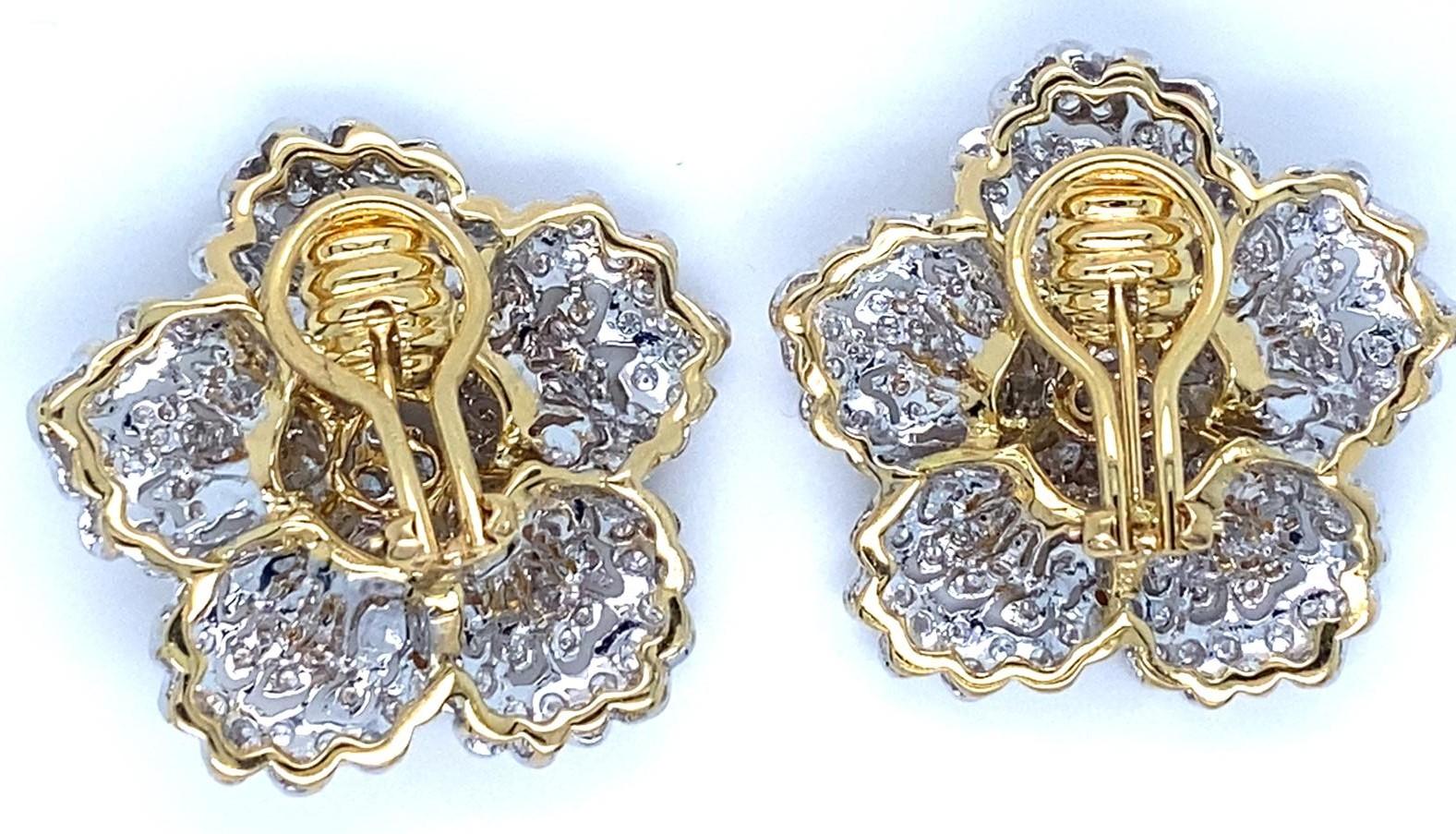 18k Two Gold Gold 3.24 Ct. Diamond Floral Ear Clips Gorgeous! For Sale 3