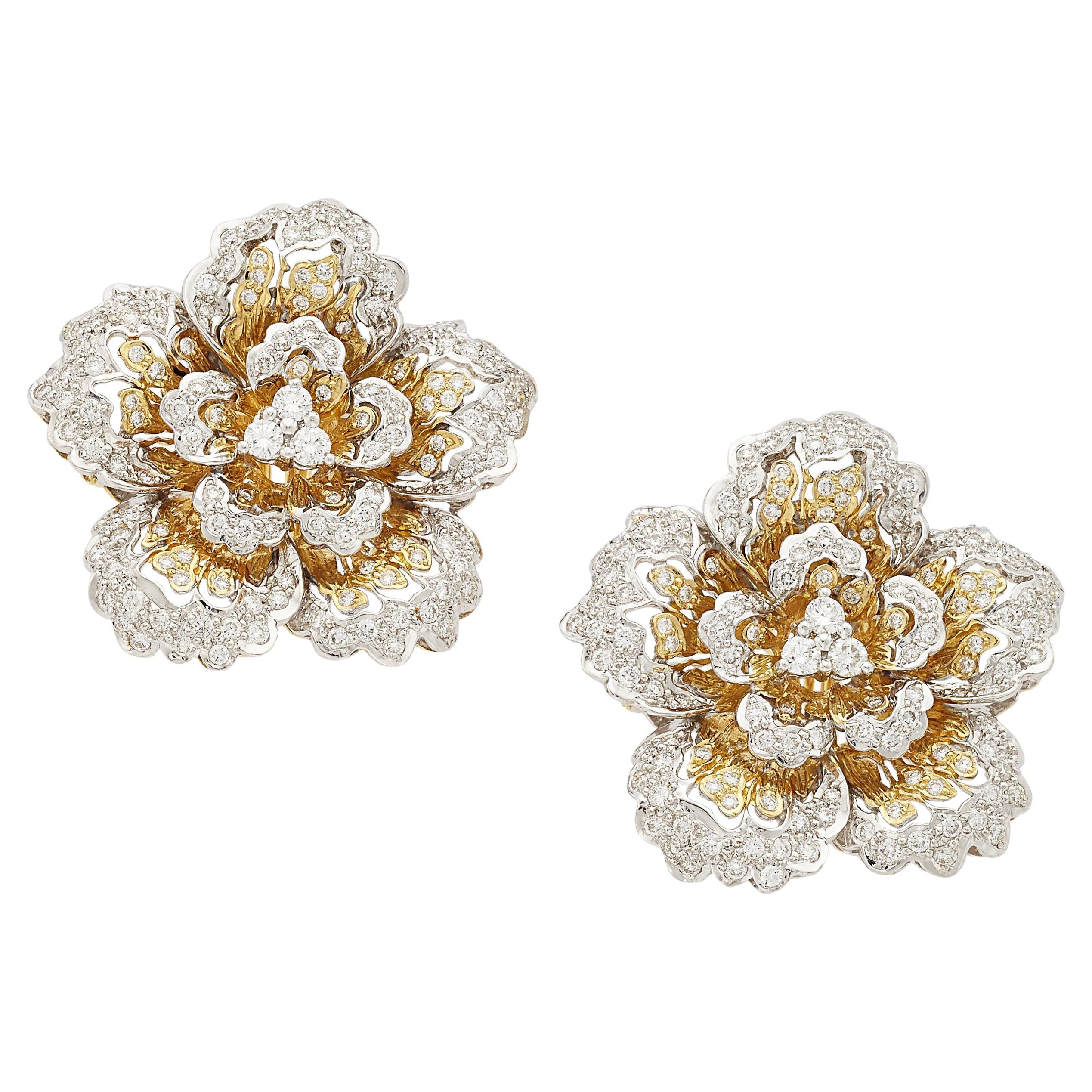 18k Two Gold Gold 3.24 Ct. Diamond Floral Ear Clips Gorgeous!
