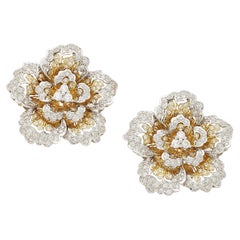 18k Two Gold Gold 3.24 Ct. Diamond Floral Ear Clips Gorgeous!