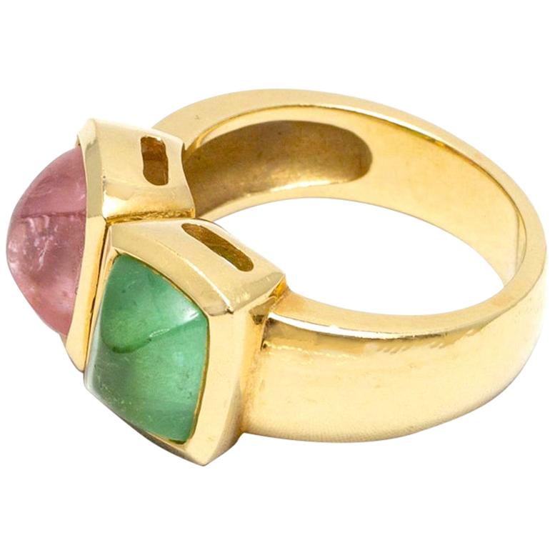 18k Two-Stone Sugarloaf Cabochon Green and Pink Tourmalines Ring, circa 1980 