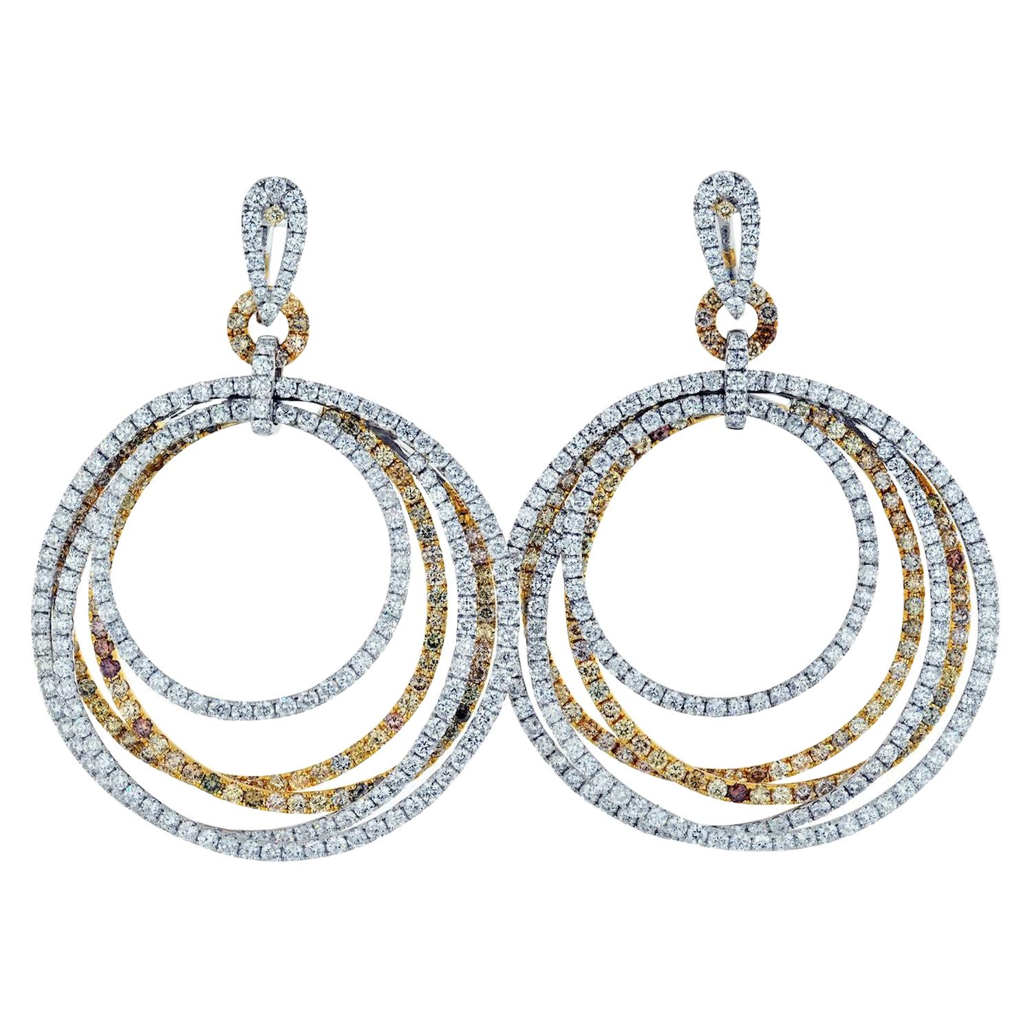 18k Two-Tone 24.57 Carat Pave White and Chocolate Diamond Dangling Hoop Earrings