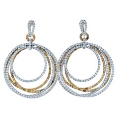 Vintage 18k Two-Tone 24.57 Carat Pave White and Chocolate Diamond Dangling Hoop Earrings