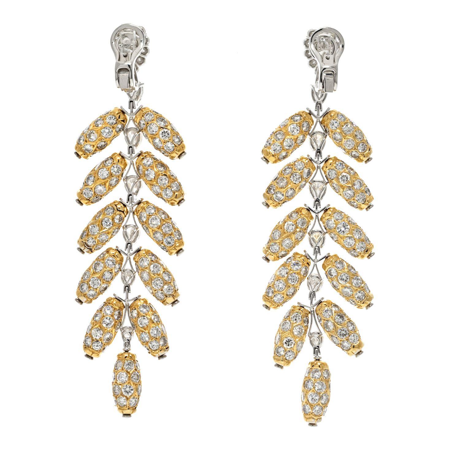 Round Cut 18K Two Tone 48.00cttw Diamond Feather Dangling Earrings For Sale
