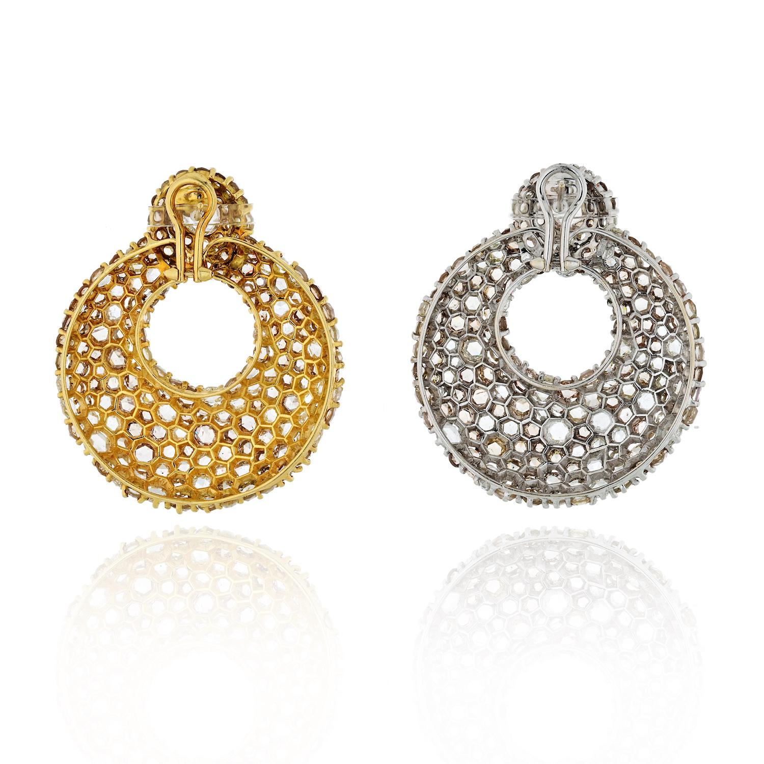 18 Karat zweifarbige runde Cluster-Ohrringe mit 70 Karat Diamanten im Rosenschliff Damen im Angebot