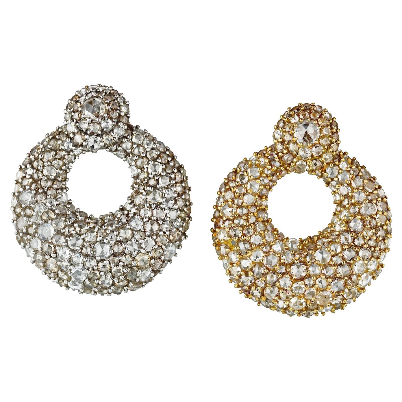 18K Two Tone 70 Carats Rose Cut Diamond Round Cluster Earrings For Sale