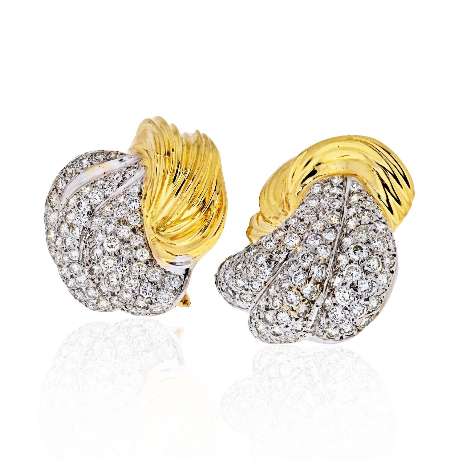 You cannot go wrong with these 18K Two Tone 9.50 carat Large Fluted Estate Diamond Clip Earrings set with over 200 round cut diamonds of about 9.50 carats in total diamonds weight. 
