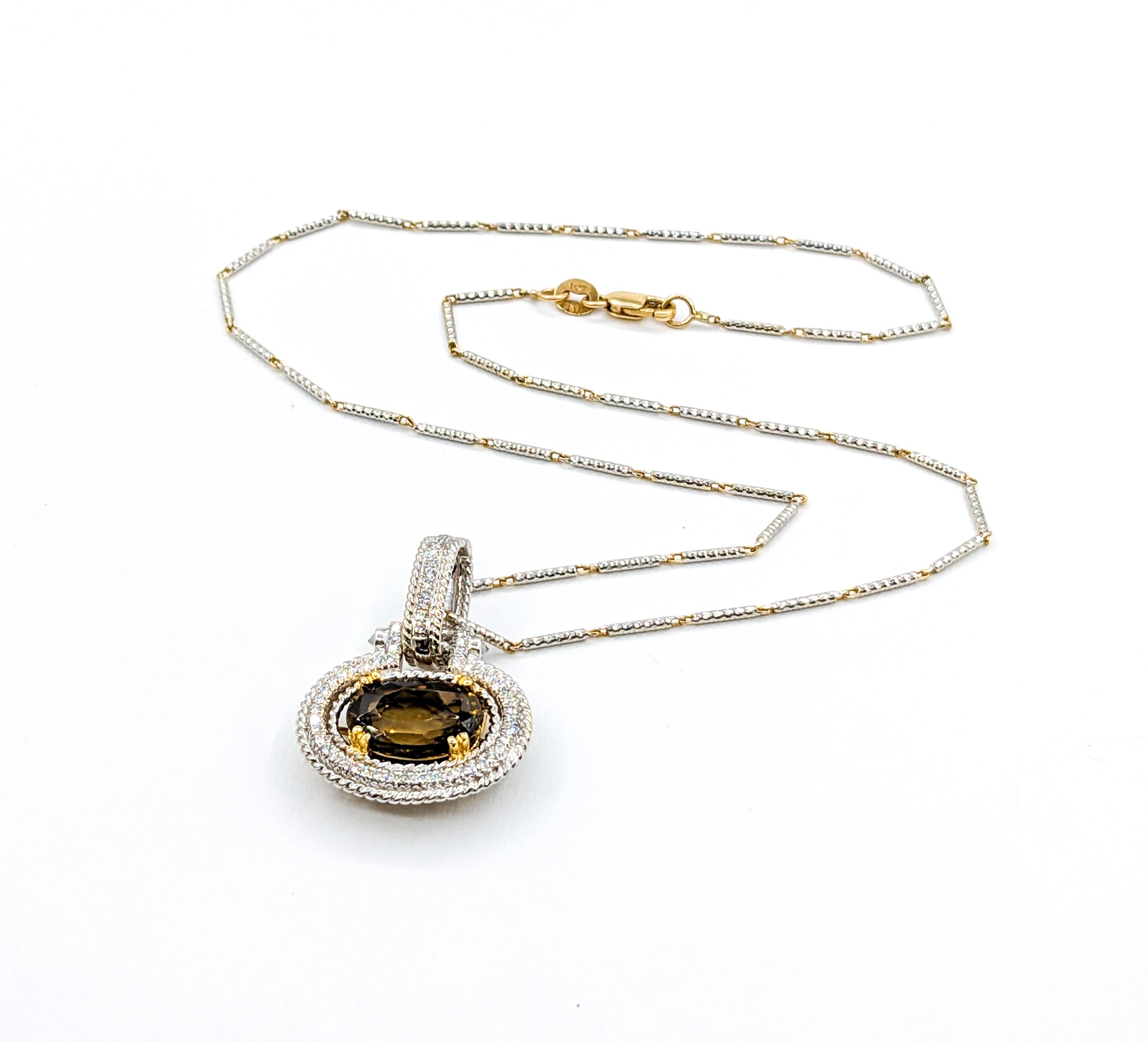 Discover the Radiance: 18k Two-Tone Amber Spinel & Diamond Necklace

Discover the Radiance of this captivating necklace, exquisitely crafted in a blend of 18kt white and yellow gold, complemented by a sleek 14k gold chain. The centerpiece of this