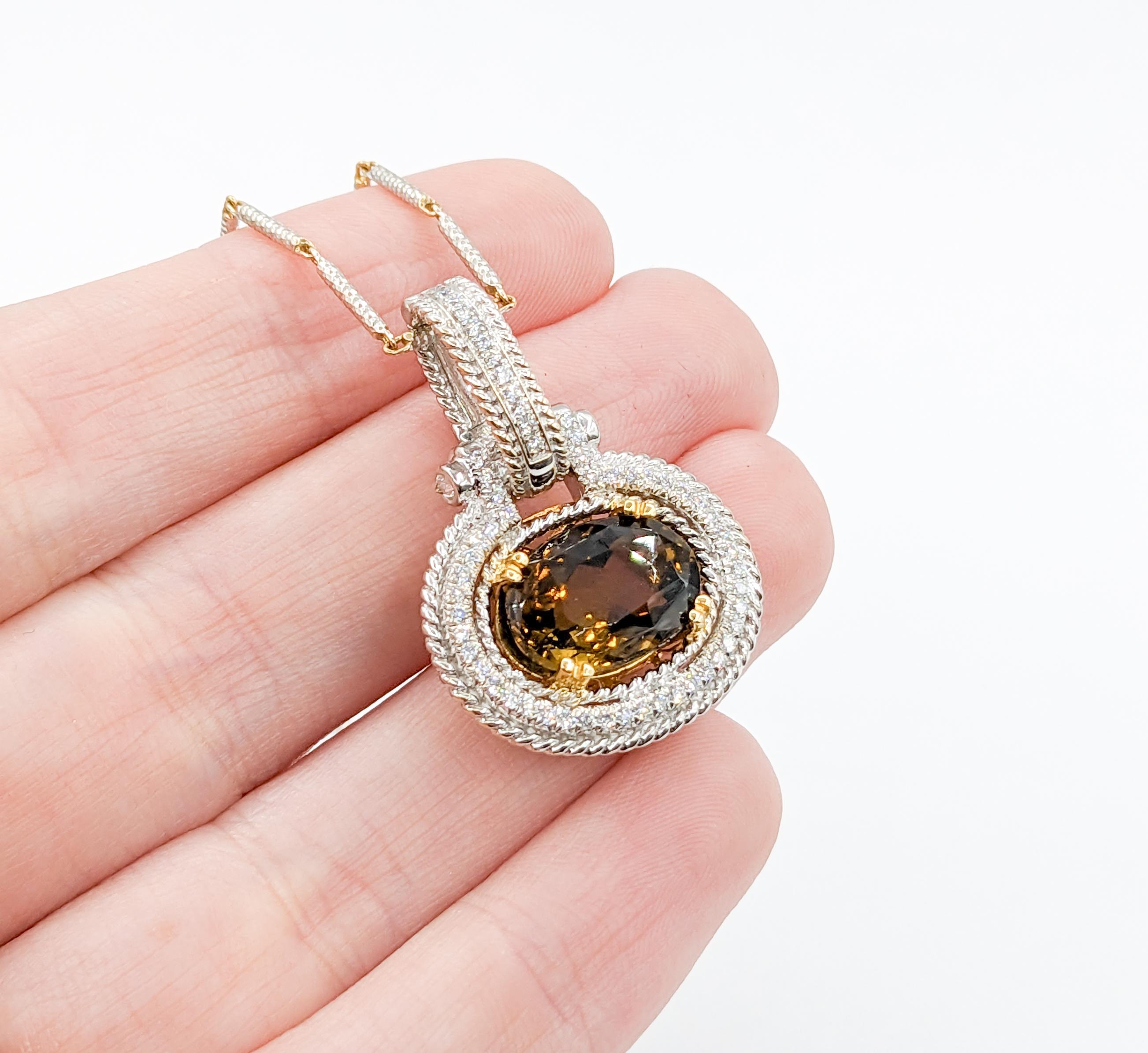 Women's 18k Two-Tone Amber Spinel & Diamond Pendant For Sale