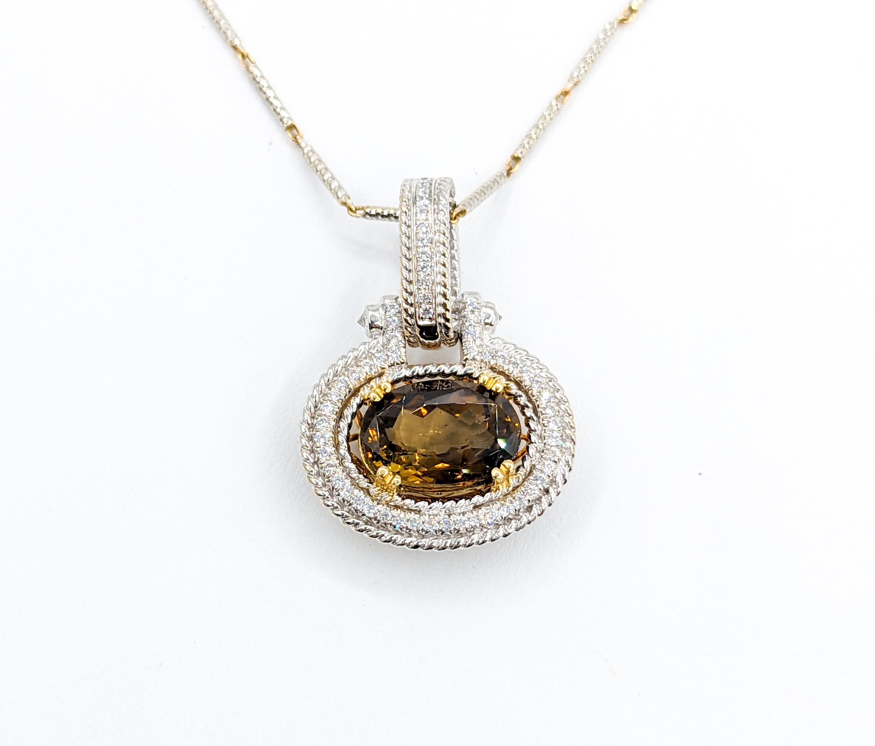 18k Two-Tone Amber Spinel & Diamond Pendant For Sale 2