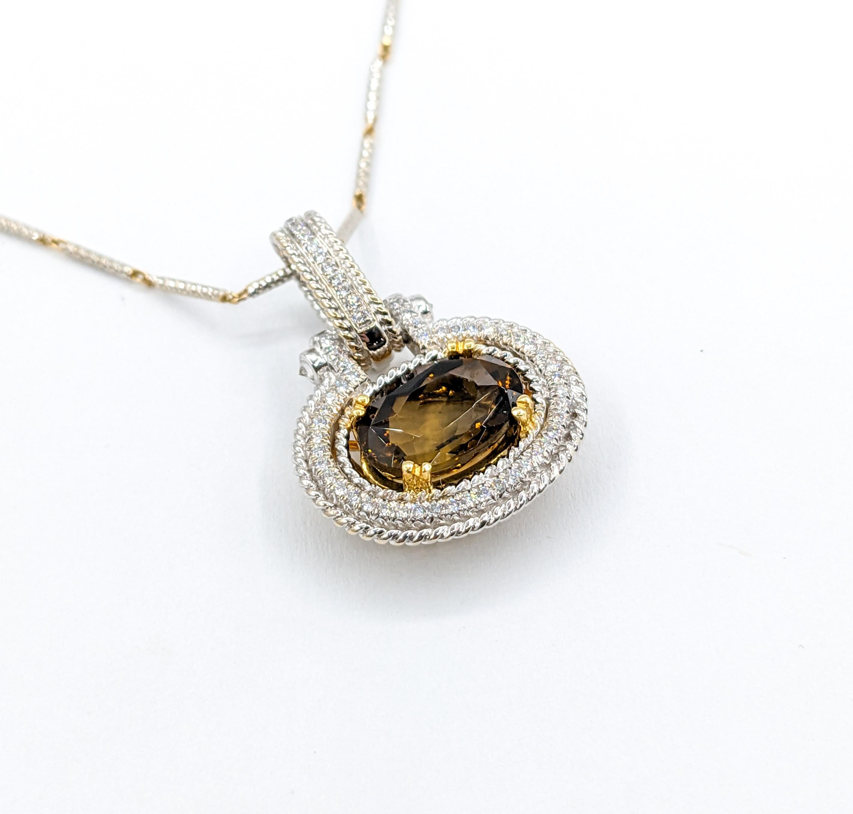 18k Two-Tone Amber Spinel & Diamond Pendant For Sale 3