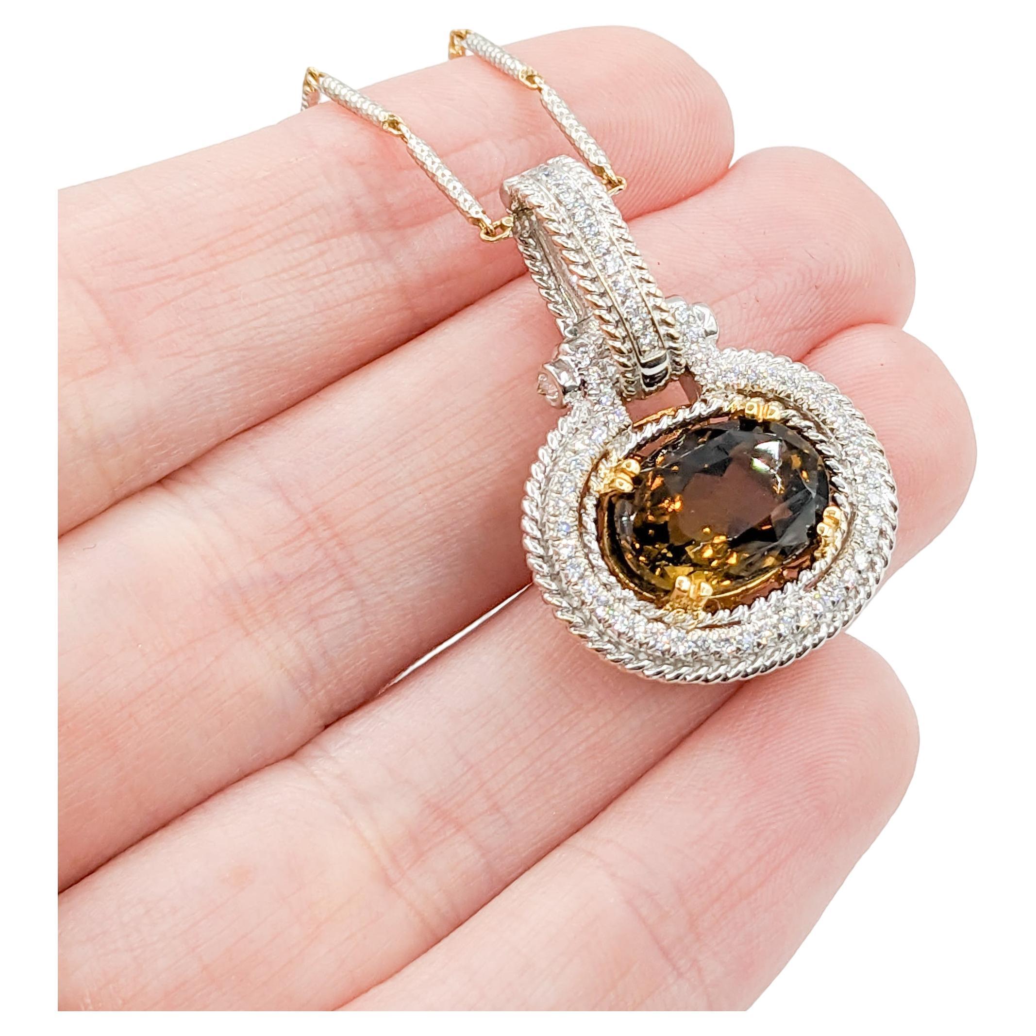 18k Two-Tone Amber Spinel & Diamond Pendant For Sale