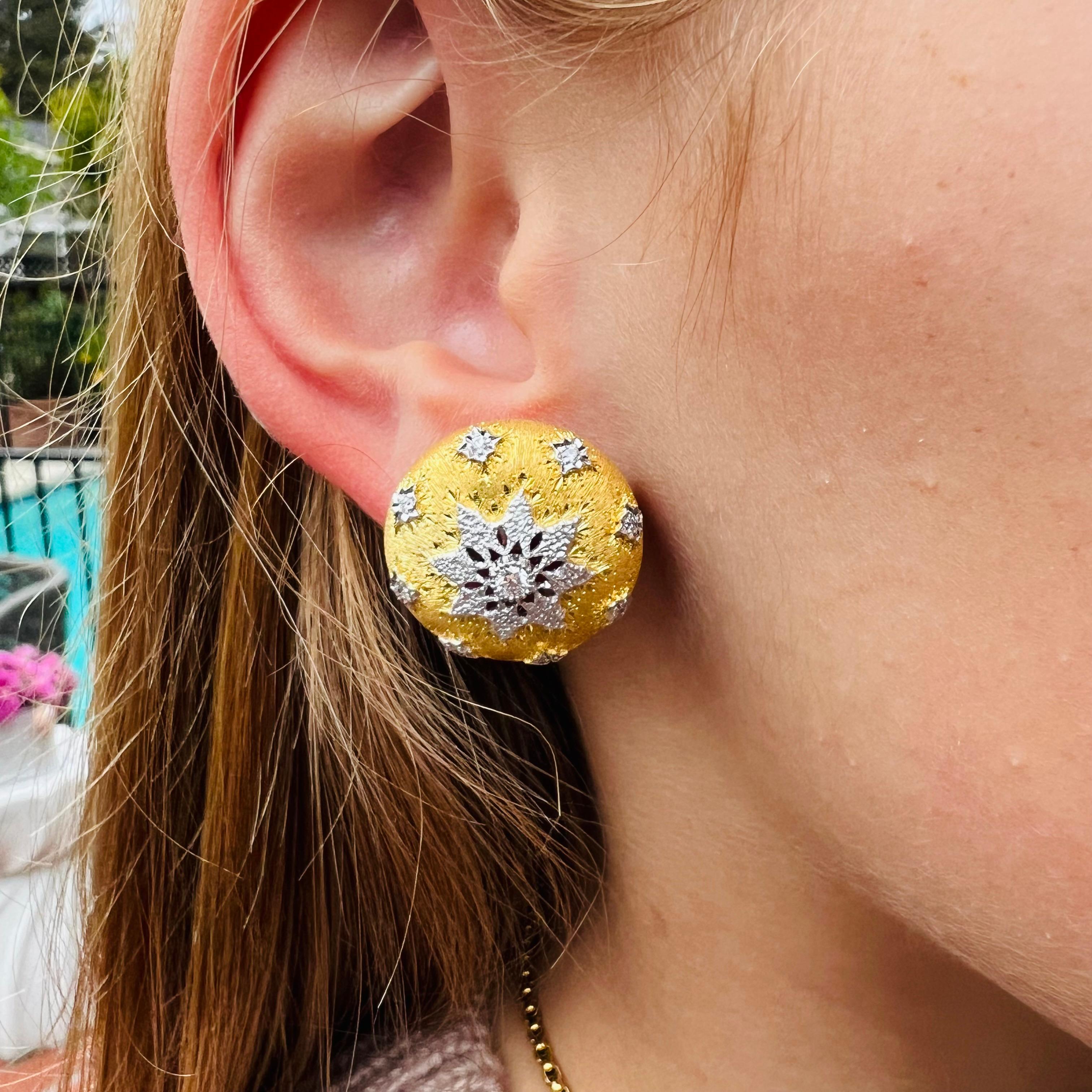 Round Cut 18k Two Tone and Diamond Earrings For Sale