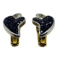 18k Two Tone Baguette Cut Diamond and Blue Sapphire Earrings