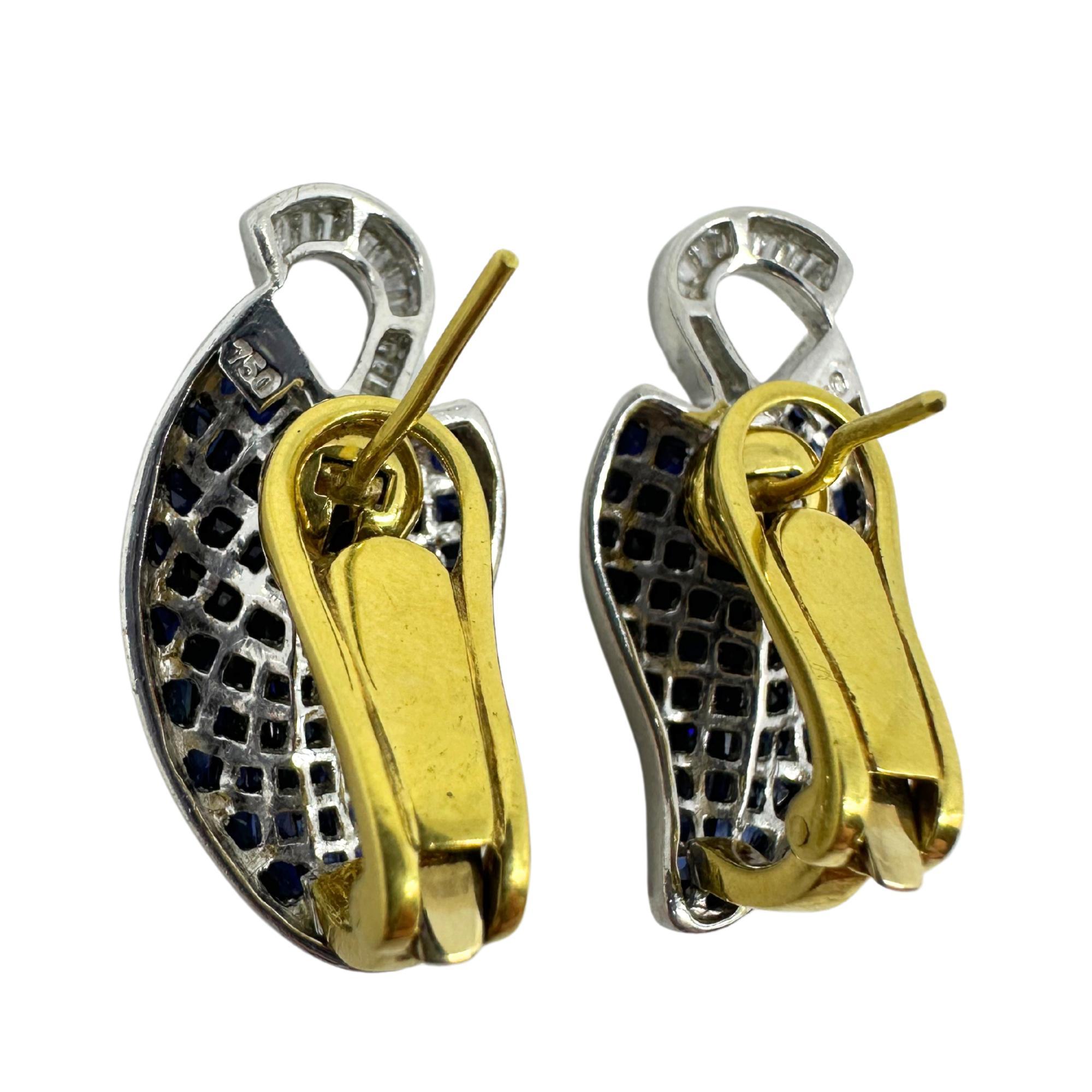 Women's 18k Two Tone Baguette Cut Diamond and Blue Sapphire Earrings For Sale