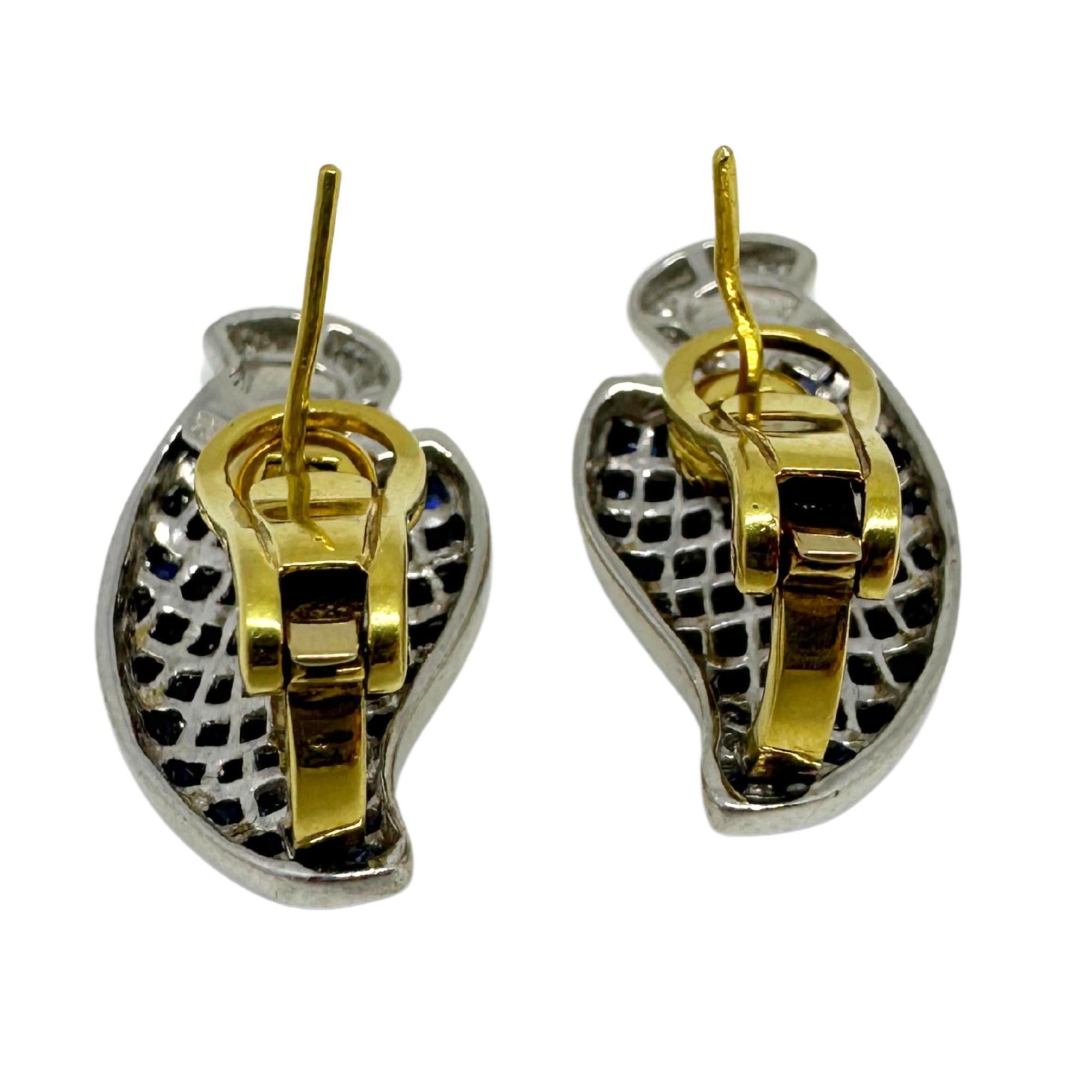 18k Two Tone Baguette Cut Diamond and Blue Sapphire Earrings For Sale 2