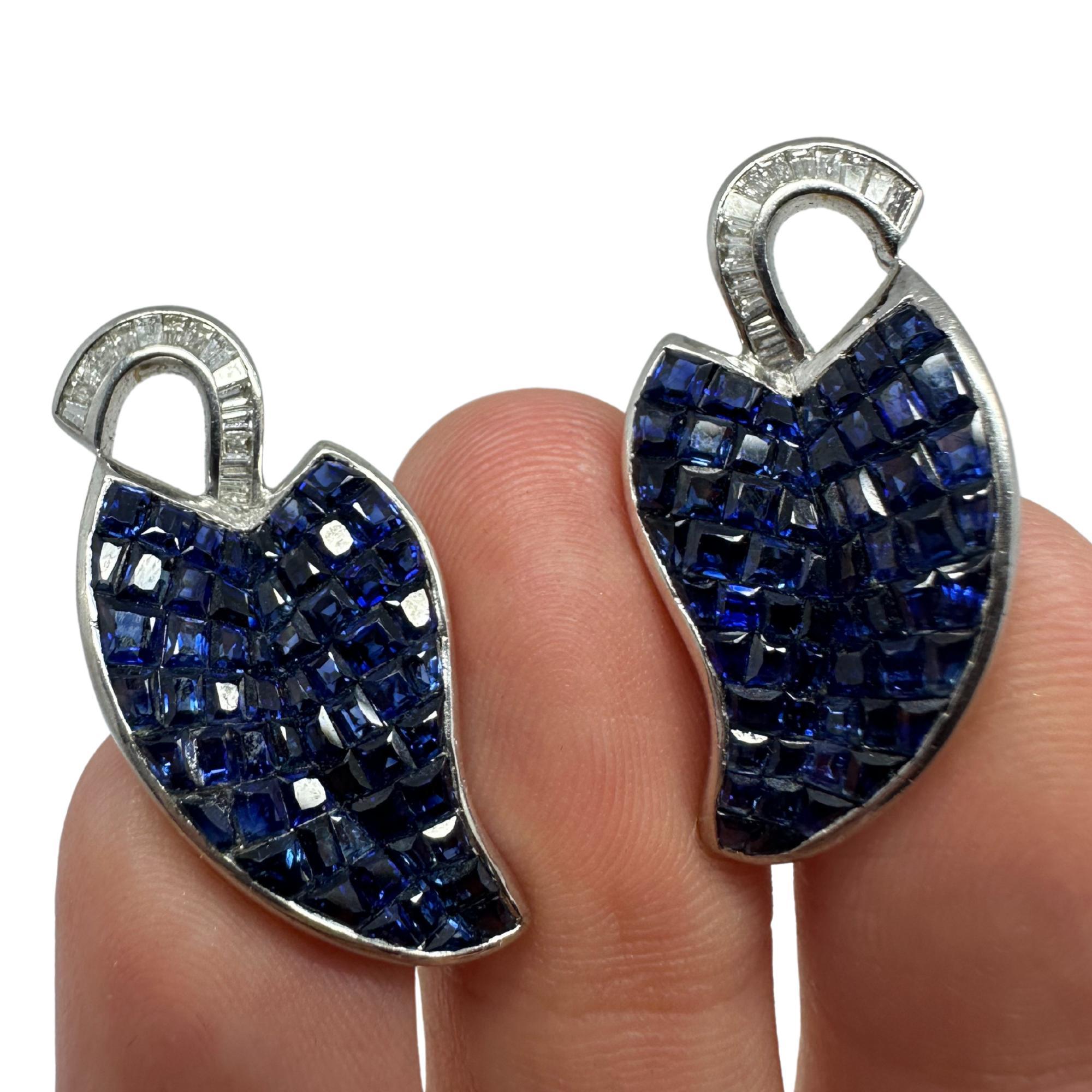 18k Two Tone Baguette Cut Diamond and Blue Sapphire Earrings For Sale 3