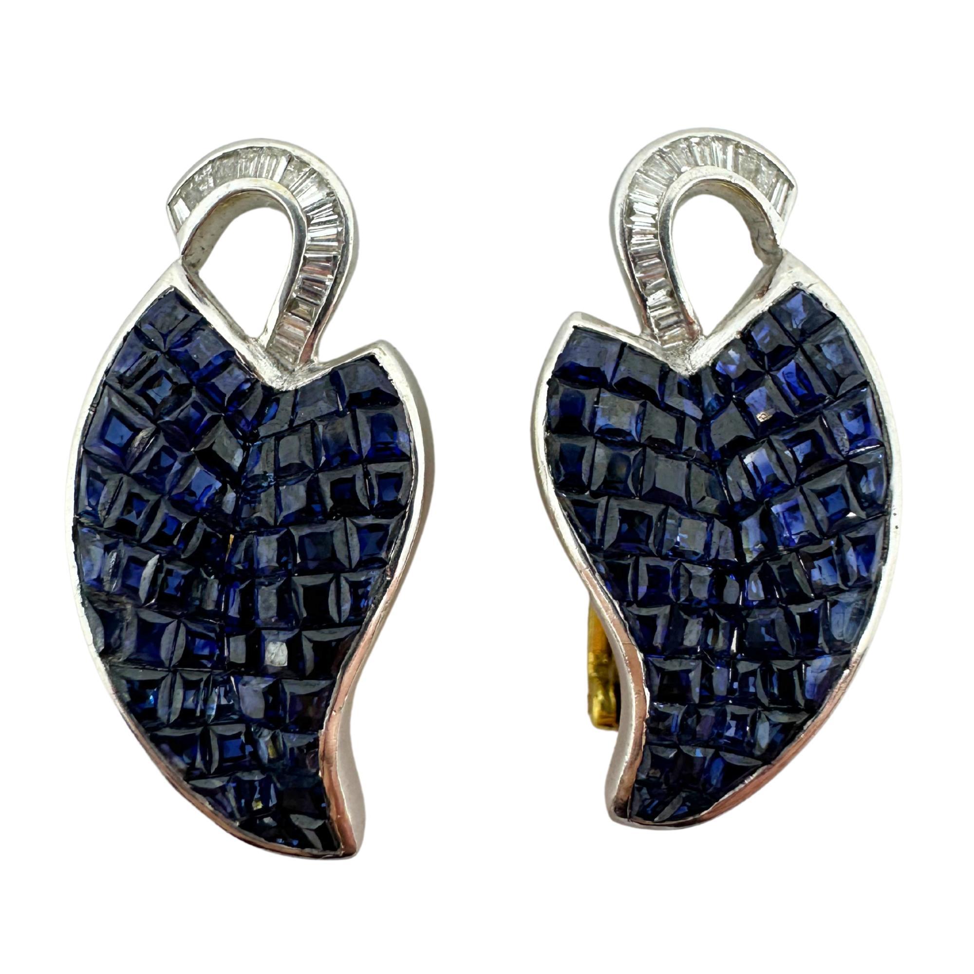 18k Two Tone Baguette Cut Diamond and Blue Sapphire Earrings For Sale