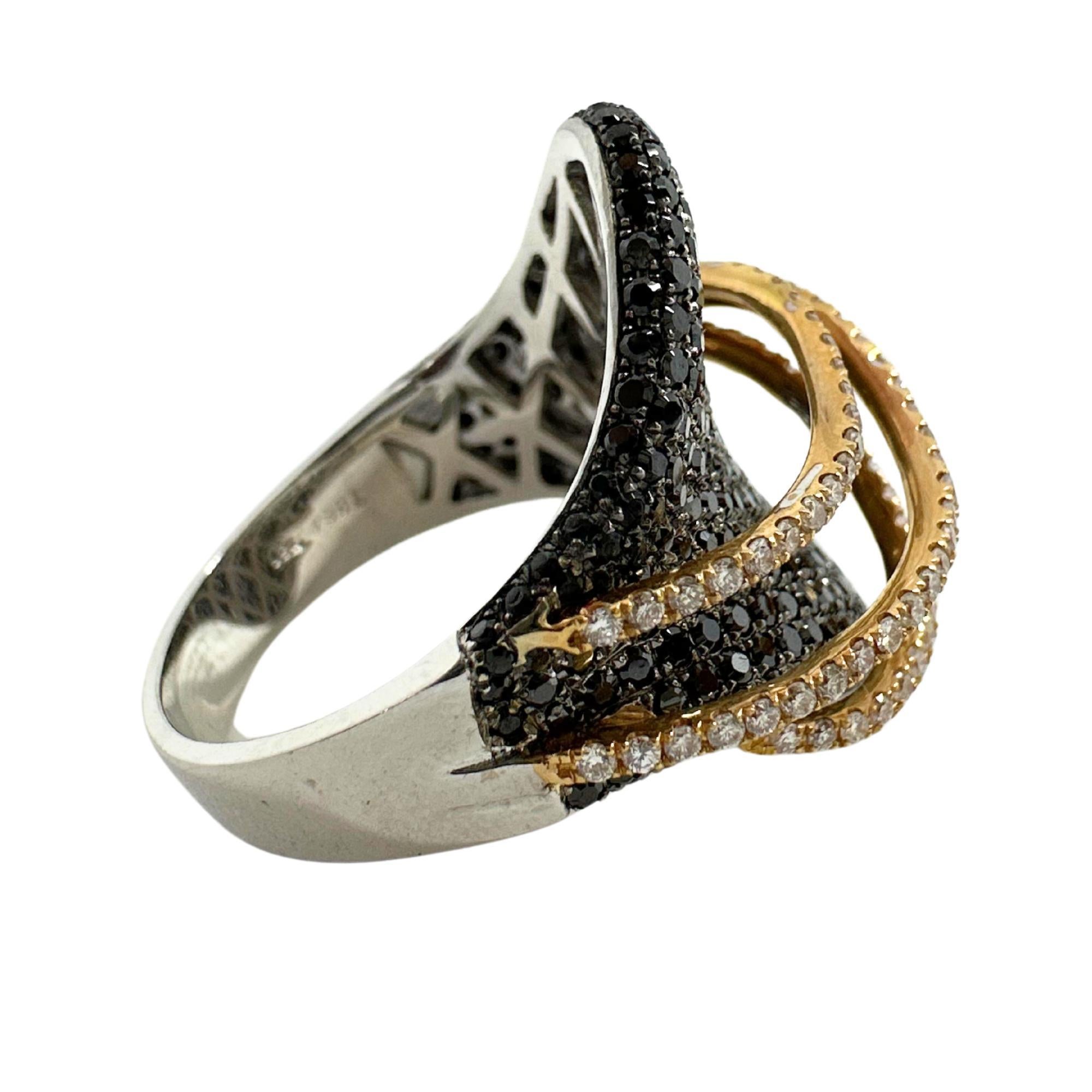 18K Two Tone Black and White Diamond Abstract Ring For Sale 1