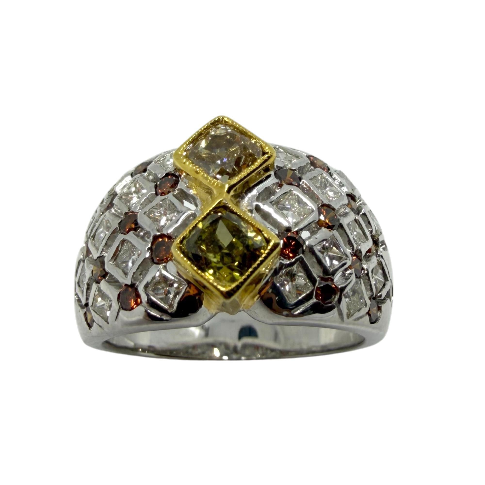 Taglio rotondo Anello astratto a fascia larga con diamante bianco e marrone bicolore 18K - misura 6,25 in vendita