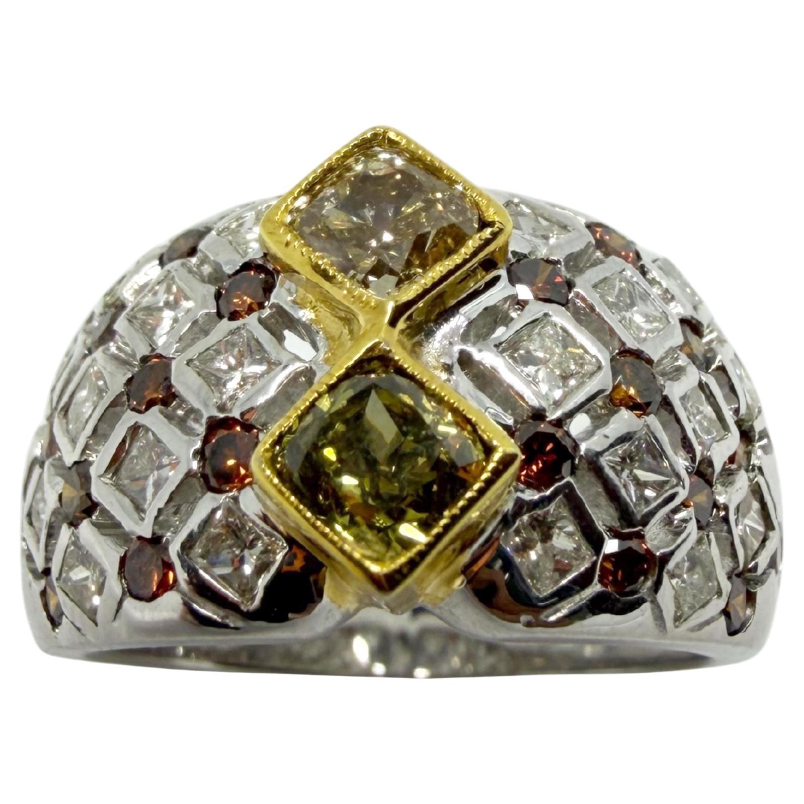 Bague abstraite bicolore à diamants bruns et blancs 18K - Taille 6.25