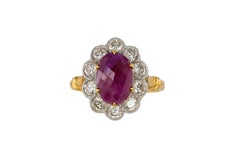 18k Two-Tone Burma Rose-Cut Ruby and Diamond Floral Halo Ring
