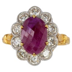 18k Two-Tone Burma Rose-Cut Ruby and Diamond Floral Halo Ring