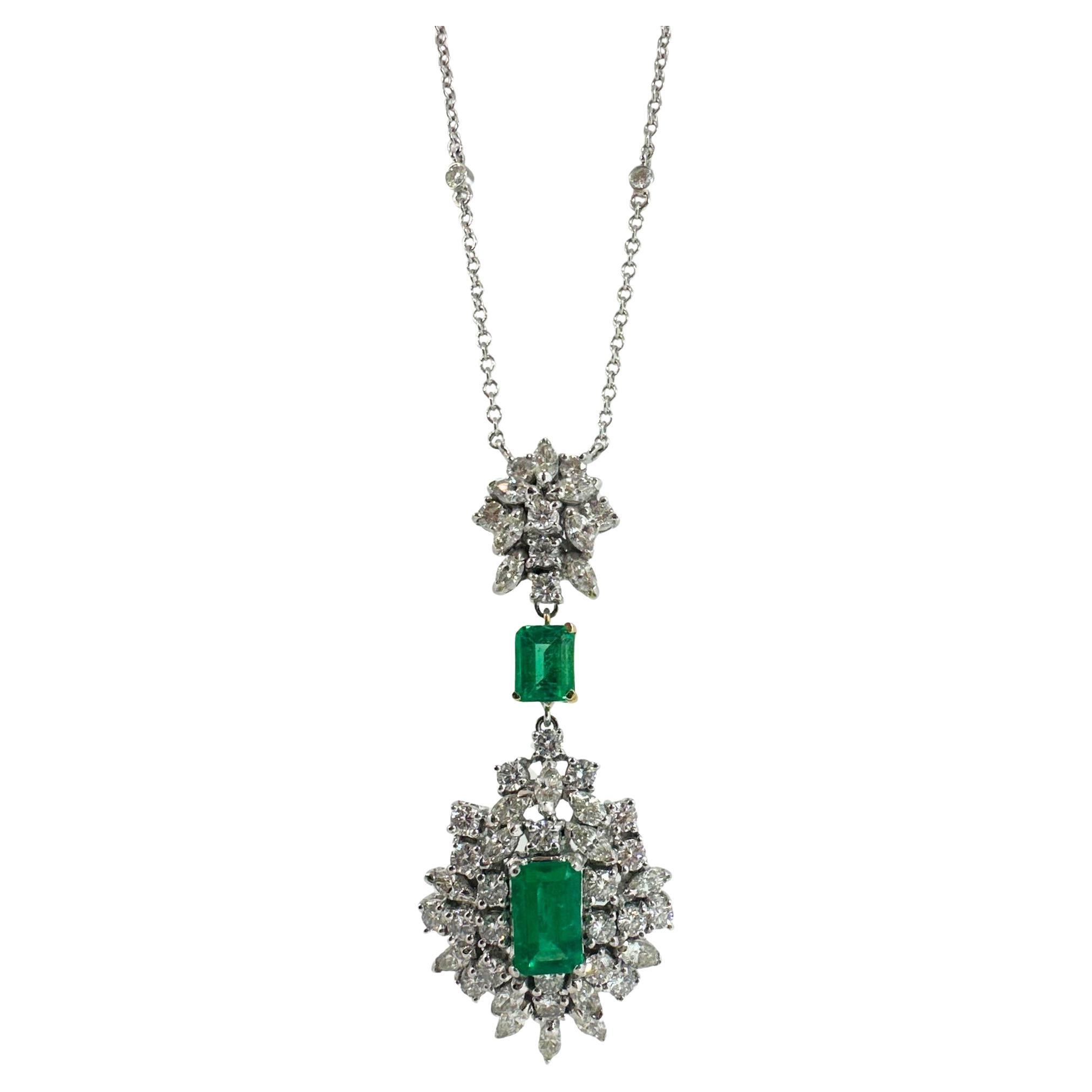 18K Two Tone Diamond and Emerald Pendant Necklace