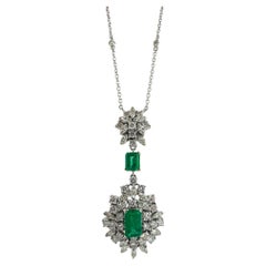 18K Two Tone Diamond and Emerald Pendant Necklace