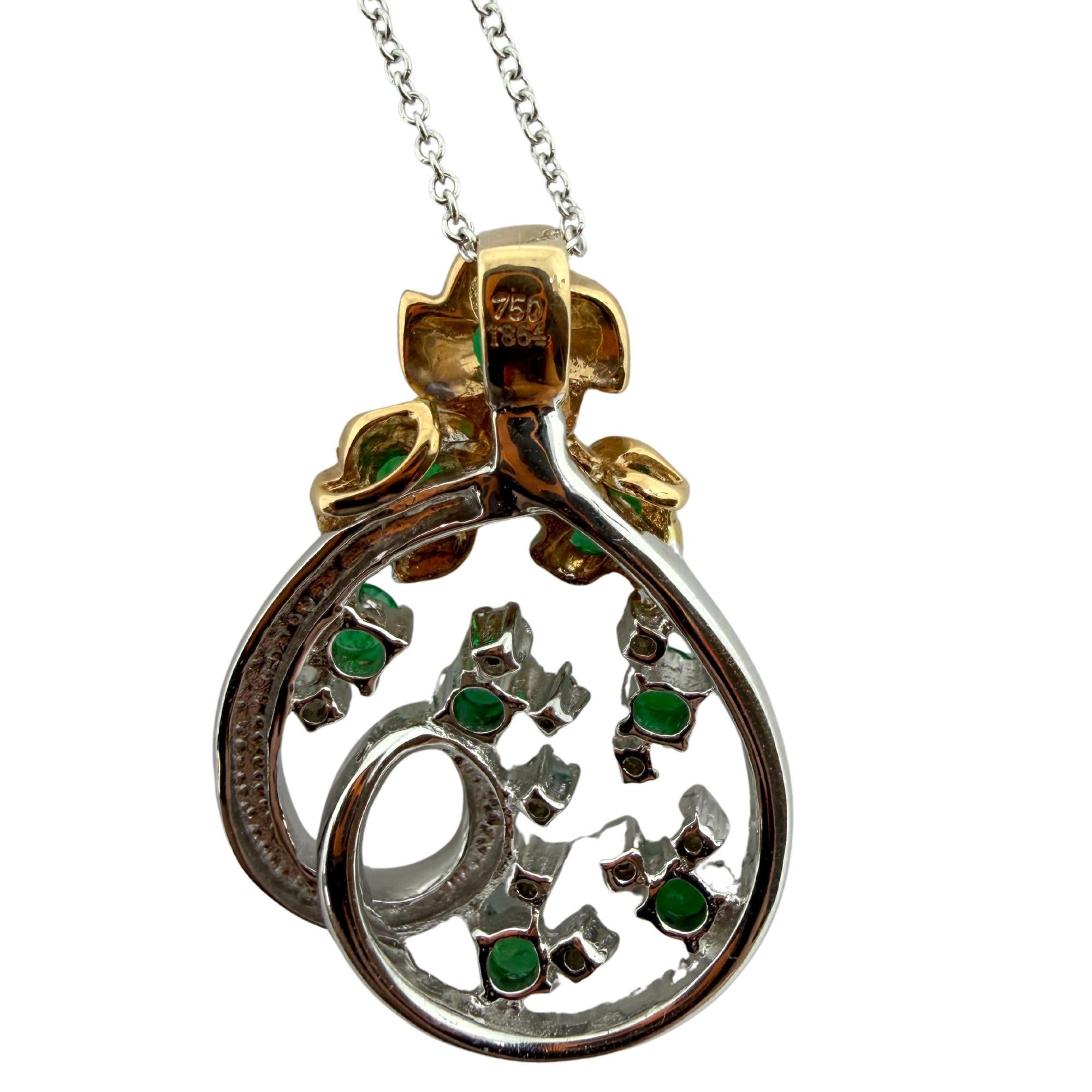 da uomo o donna Collana con ciondolo floreale a goccia con diamanti e smeraldi bicolore 18K in vendita