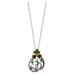 18K Two Tone Diamond and Emerald Teardrop Floral Pendant Necklace