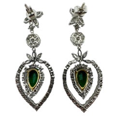 18K Two Tone Diamond and Pear Cut Emerald Drop Earrings