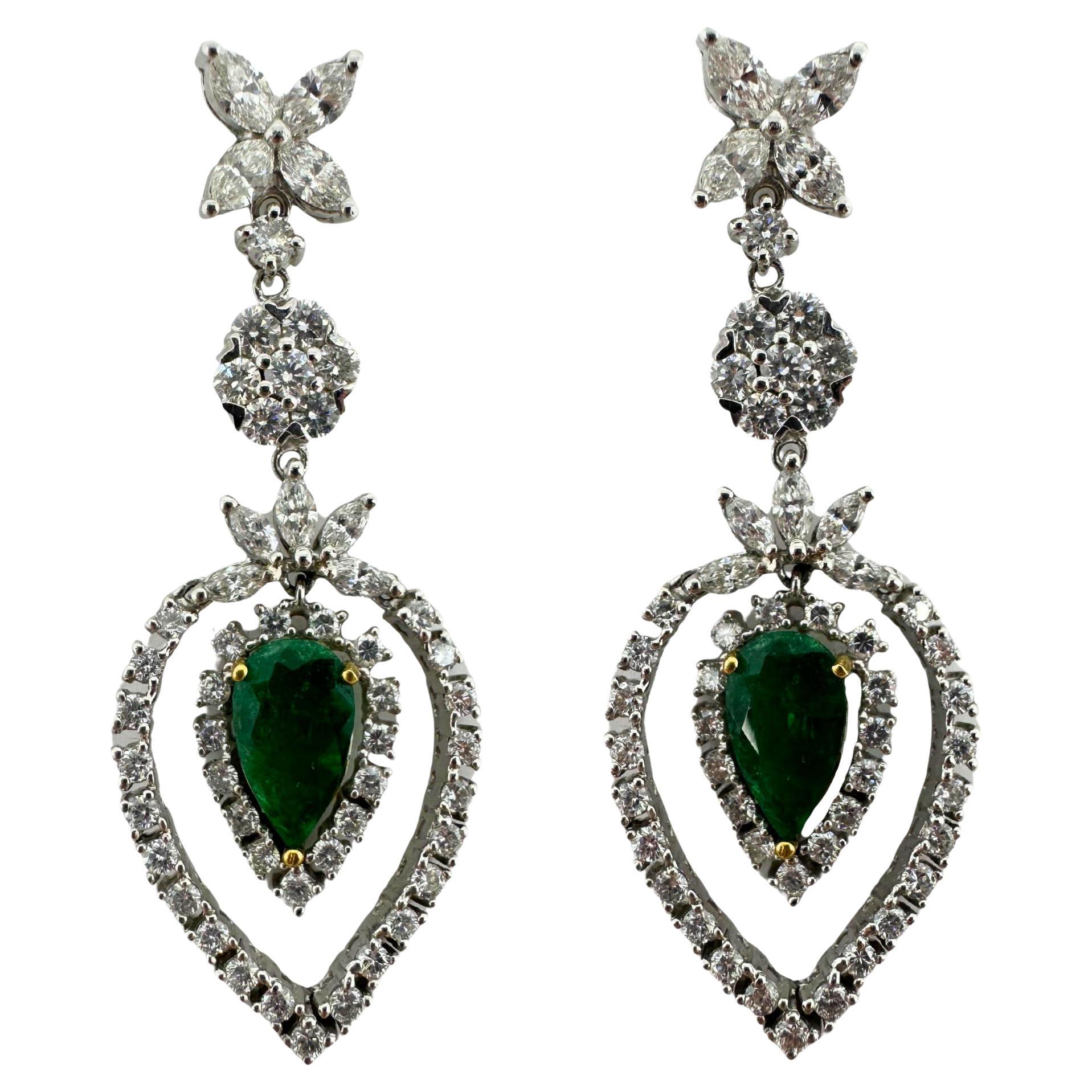 18K Two Tone Diamond and Pear Cut Emerald Drop Earrings