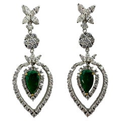 18K Two Tone Diamond and Pear Cut Emerald Drop Earrings