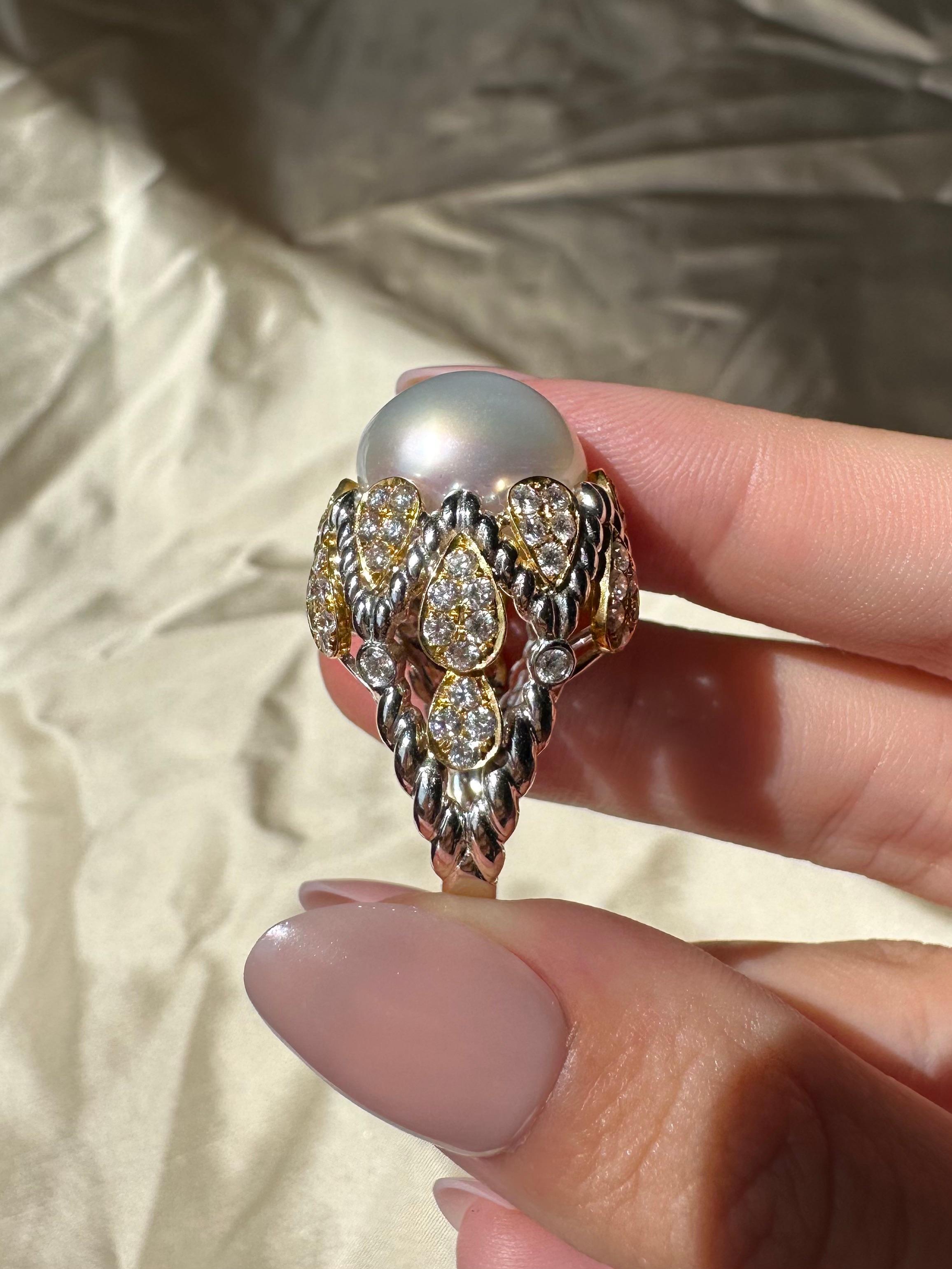 18K zweifarbiger Diamant und Perle Cocktail Ring im Angebot 5