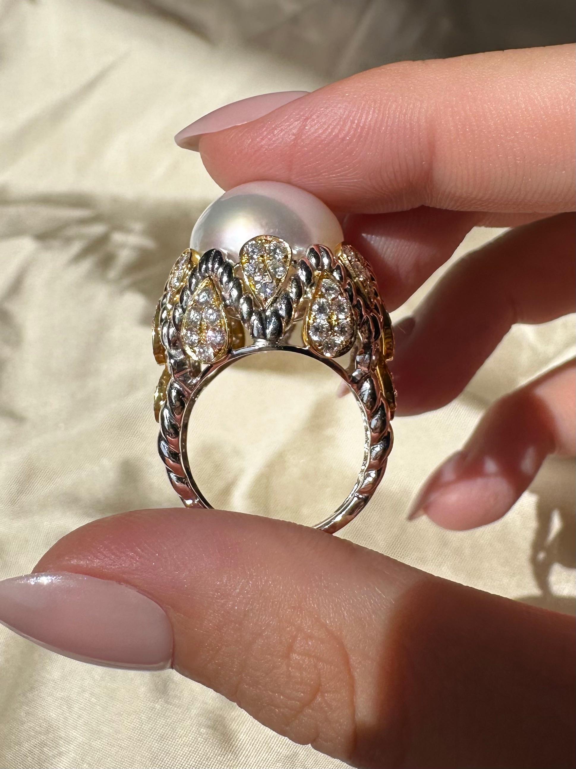 18K zweifarbiger Diamant und Perle Cocktail Ring im Angebot 6