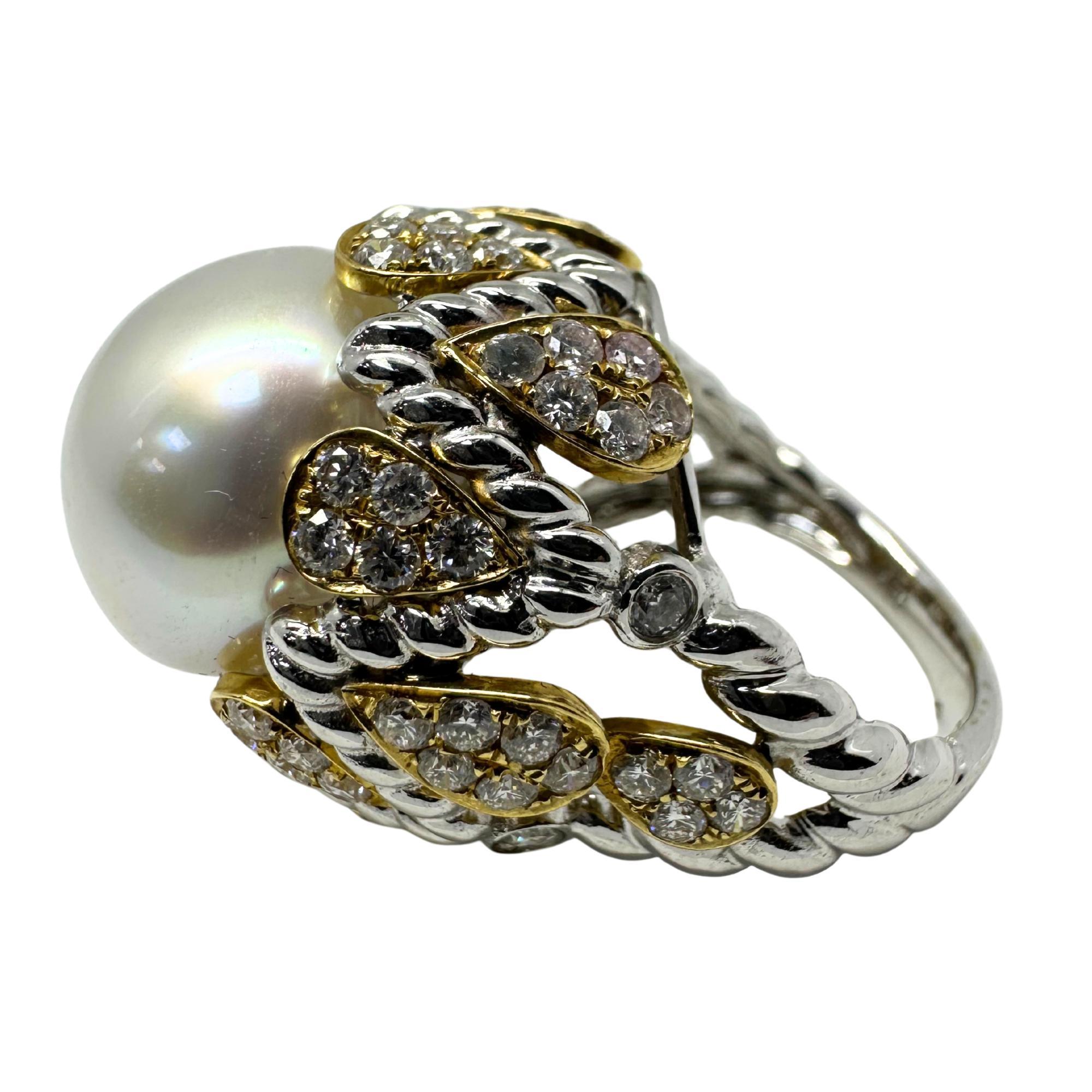 18K zweifarbiger Diamant und Perle Cocktail Ring im Zustand „Gut“ im Angebot in New York, NY