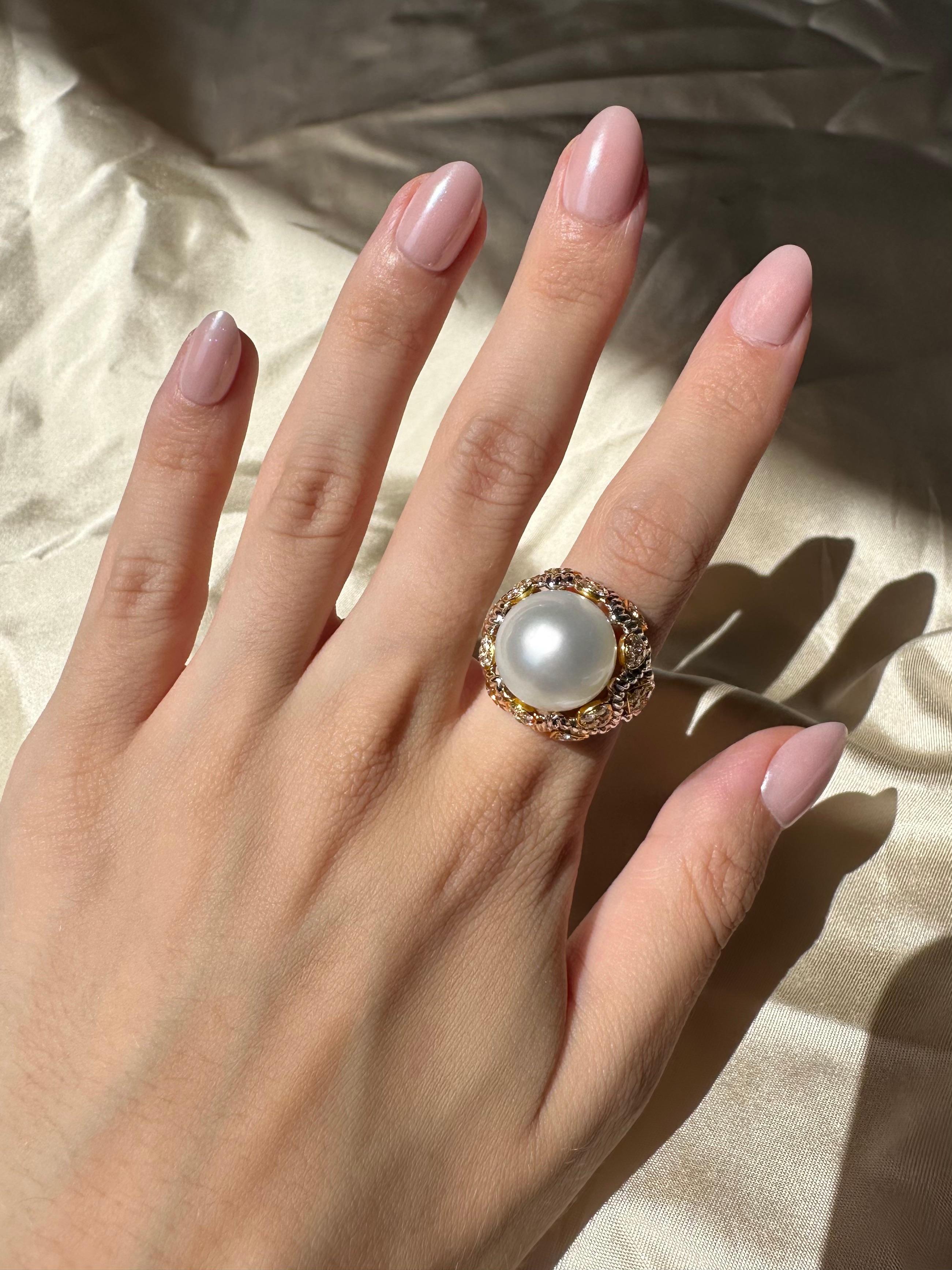 18K zweifarbiger Diamant und Perle Cocktail Ring Damen im Angebot